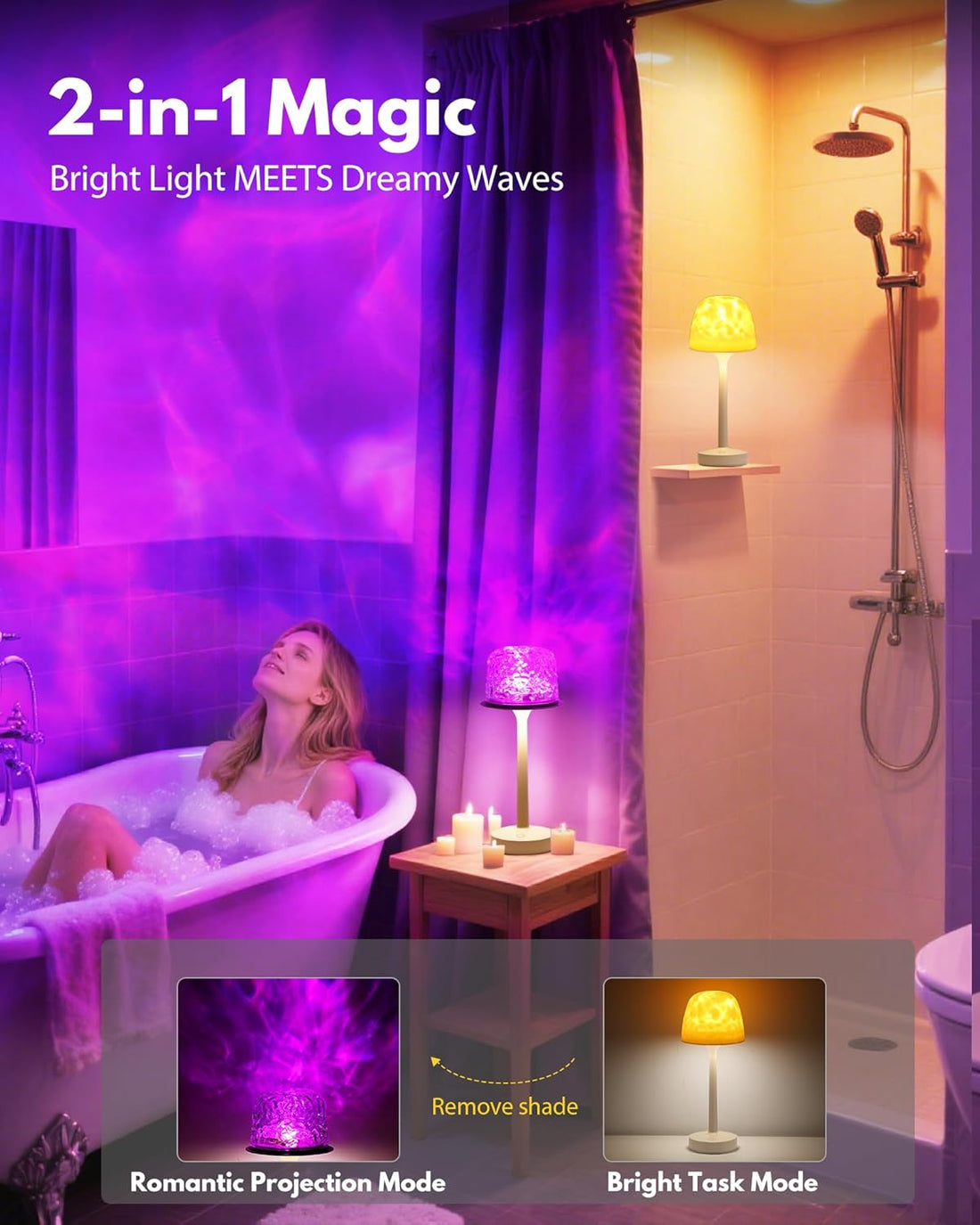 Spa-Like Shower Lamp - Waterproof Bathroom Lamp with 16 Color Ocean Wave Projector, Rechargeable Shower Light with Touch & Remote Control, Cordless Light for Inside Shower/Bathtub